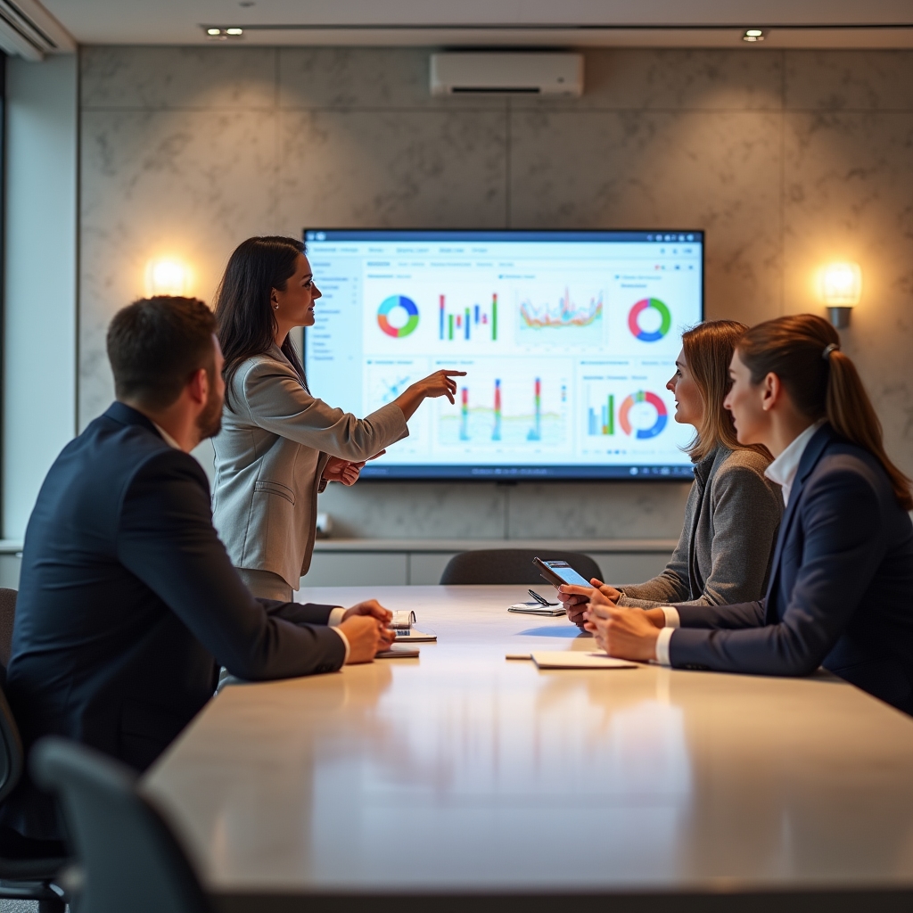 Consultant prezentând interpretarea datelor unui echipe de e-commerce